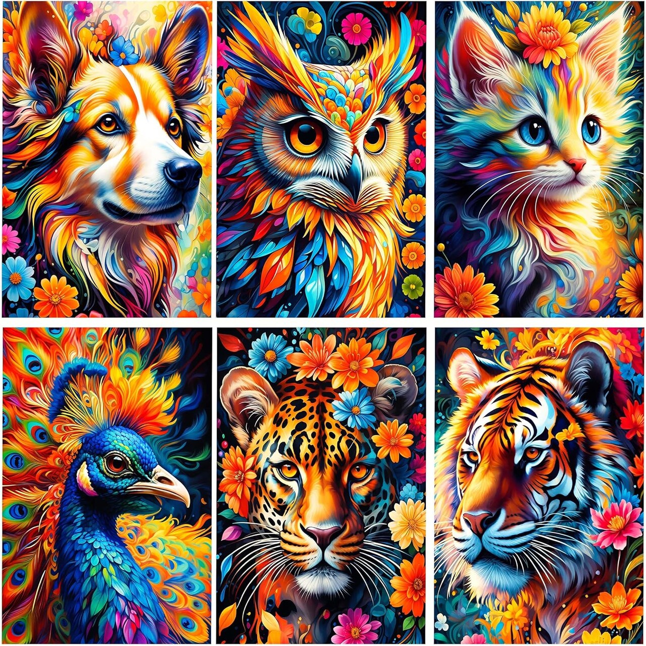 6 Pack Animal Diamond Painting Kits for Adults – Full Drill DIY Diamond Art for Beginners, Cat, Dog, Tiger & Owl Wall Decor, 11.8x15.7 Inch